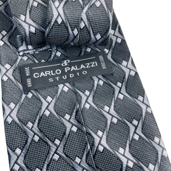 Mens Silk Dress Necktie Carlo Palazzi Geometric Pattern Black Gray 58 in u - Picture 2 of 3